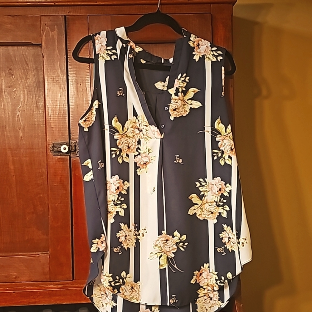 Floral top with blue and white stripes